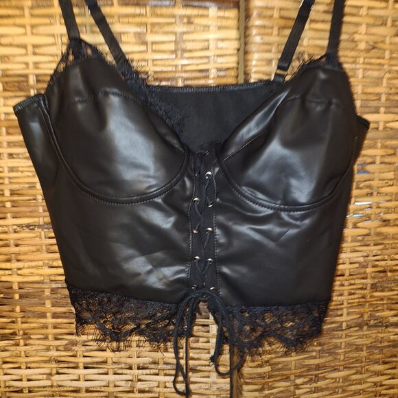 Boho Rock Moto Boho Faux Leather Crop Top Corset Style Laces Lace Trim SZ L - Picture 2 of 5